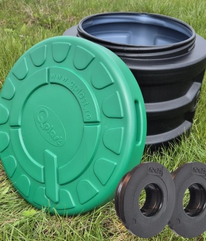 Camin HDPE triplustrat D.560 H.500 negru cu capac verde si 2 garnituri D.25 instalate